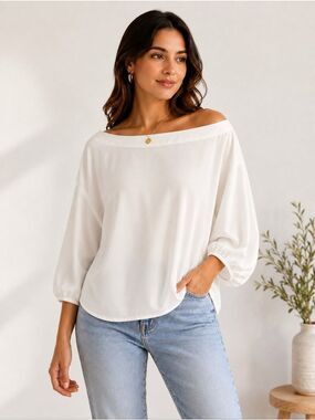 Mazik White Oversized Boat Neck Balloon Sleeve Blouse Size Large